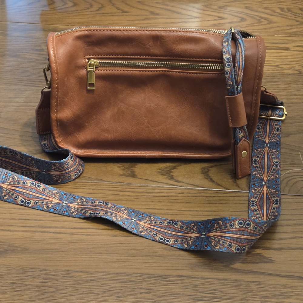 Amazon Cognac Leather Crossbody Bag with Patterned Blue Accent Strap - Picture 6 of 6